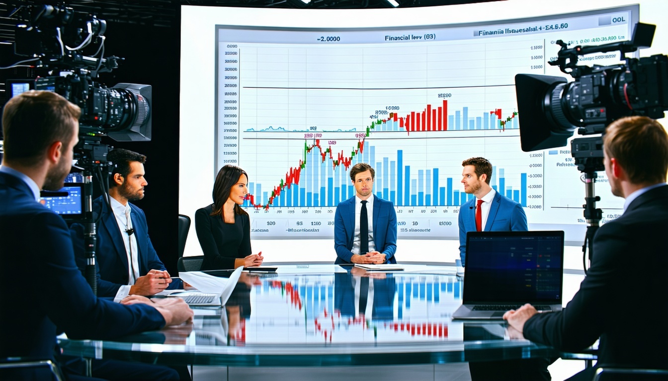 Financial news team broadcasting live updates