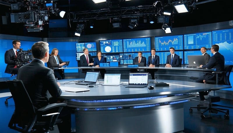 Financial news team broadcasting live